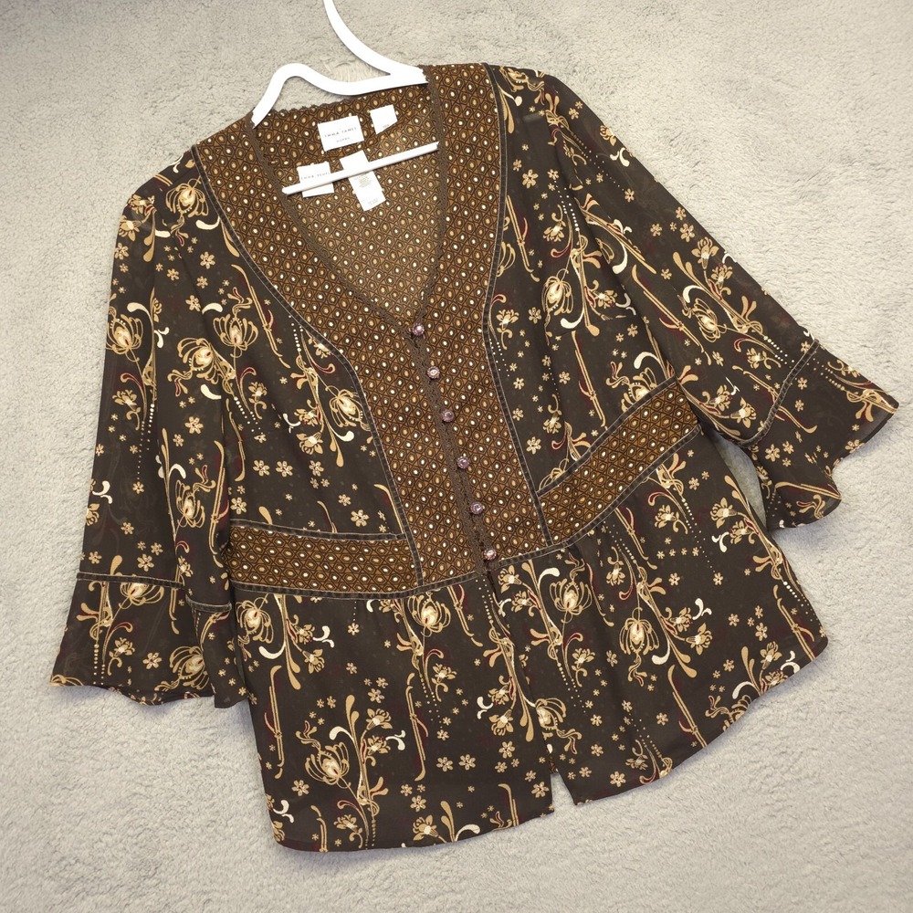 Emma James Top Womens 16W Brown Boho Button 2 In 1 Fairy‎ Cottagecore Festival